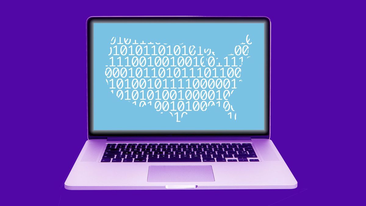 An illustration of a computer with a map of the U.S. on the screen where the map is made up of ones and zeroes.