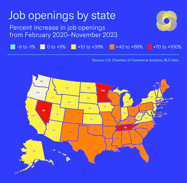 A map showing job opening trends for each state over 3 years.