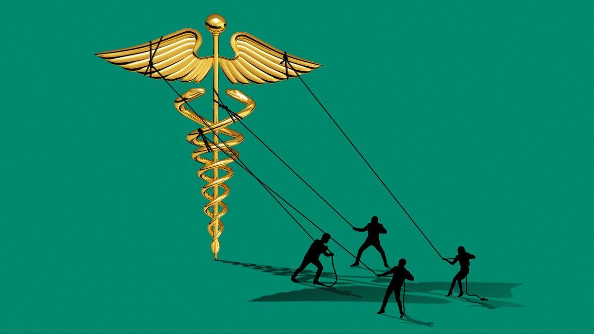 Caduceus being pulled down by people. People are in its shadow.