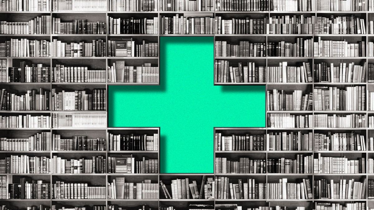 Illustration of black and white bookshelves forming a negative space cross which is colored green, to evoke healthcare and cannabis