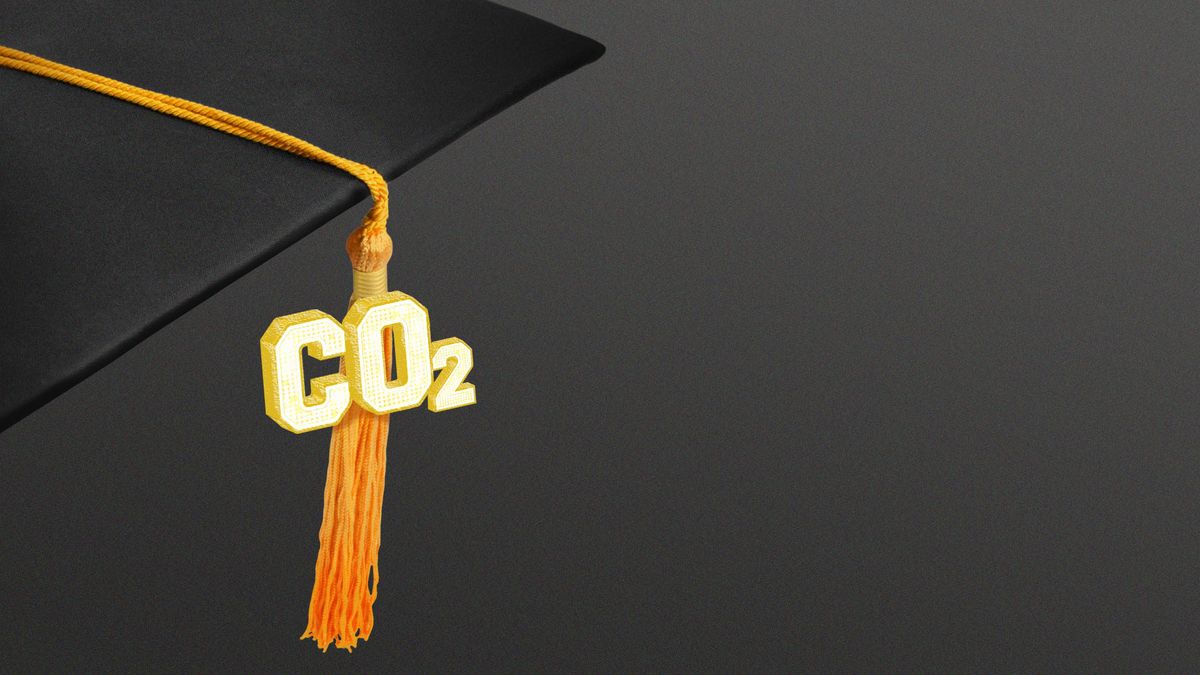 Illustration of the corner of a mortar board cap with the tassel hanging off the side with a charm that reads CO2