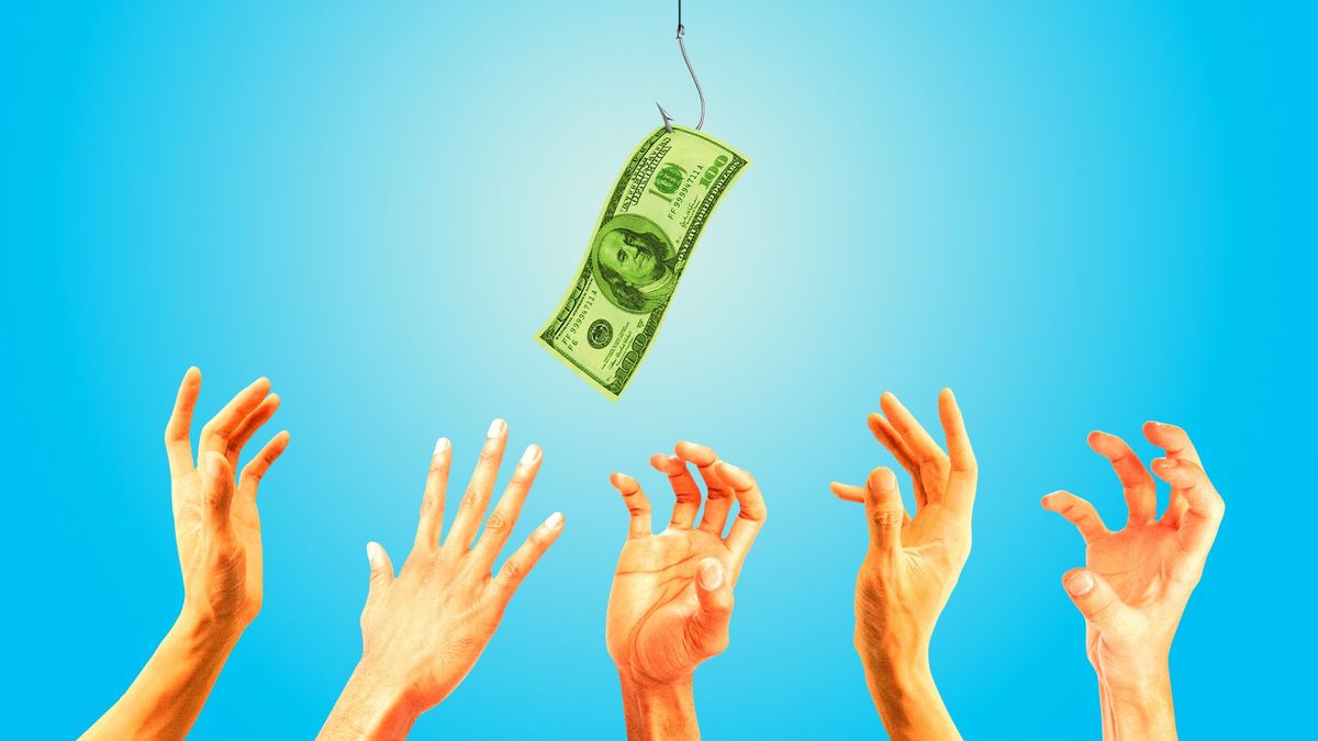 Illustration of hands reaching out for a hundred dollar bill on a fish hook.