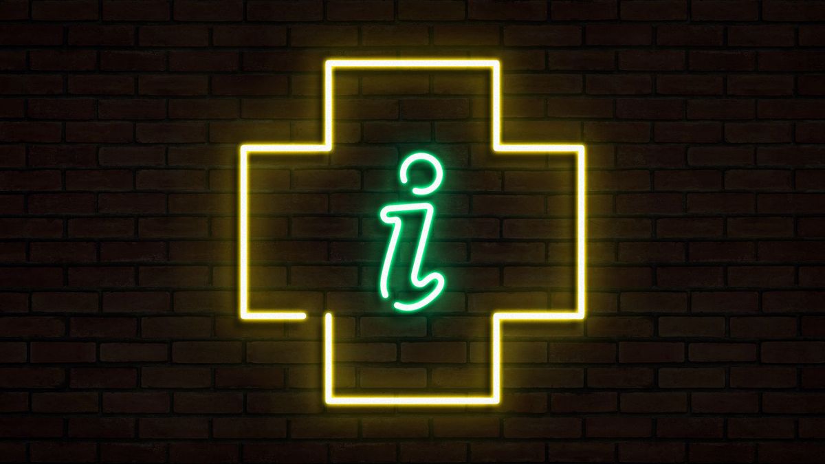 Illustration of a neon sign in the shape of a yellow plus with an information "i" in the center.