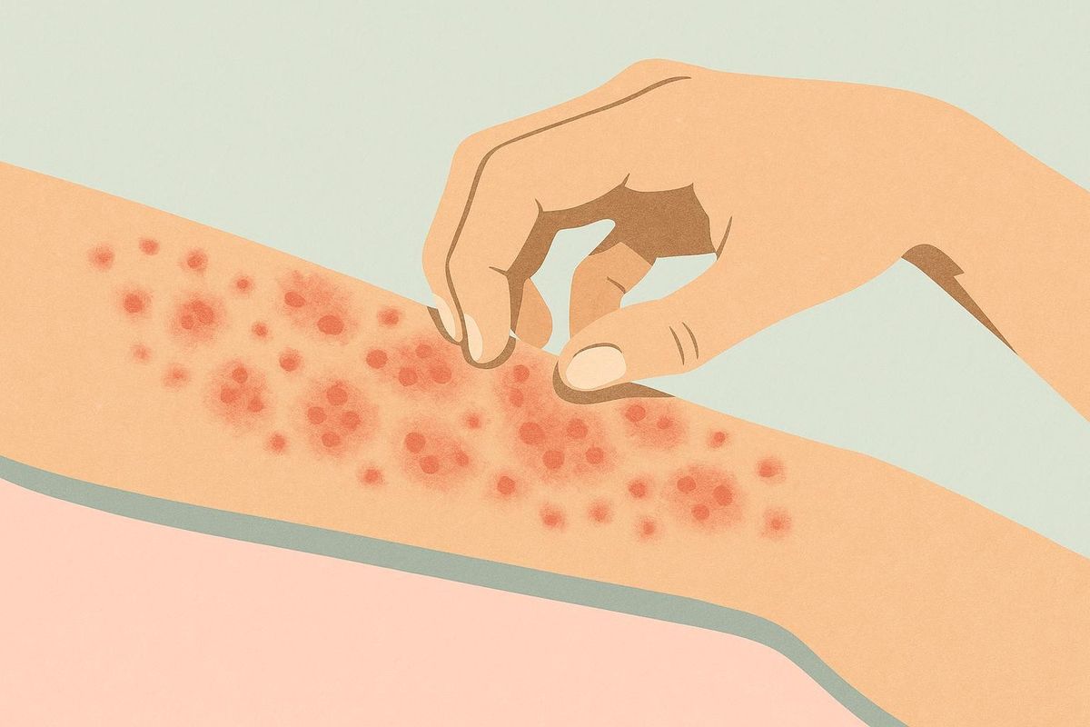 Picture of a hand scratching an arm with chronic hives and getting some relief