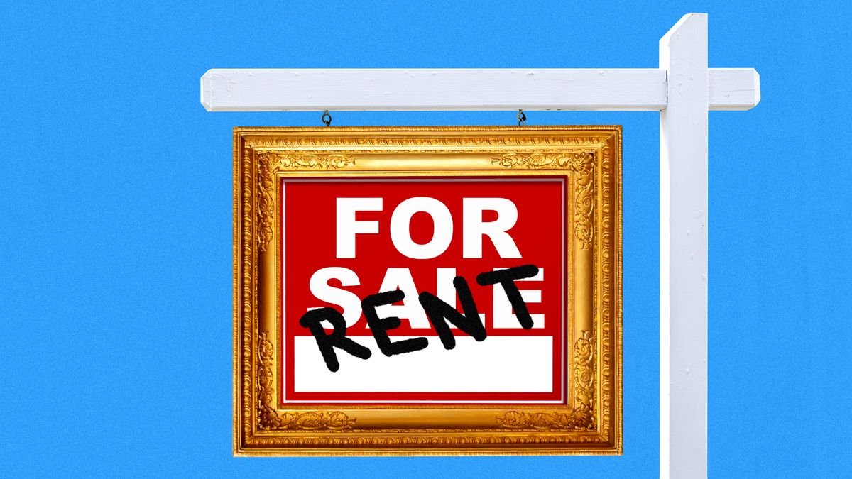 Illustration of a framed picture on a "for sale" sign with the word "rent" scrawled over it