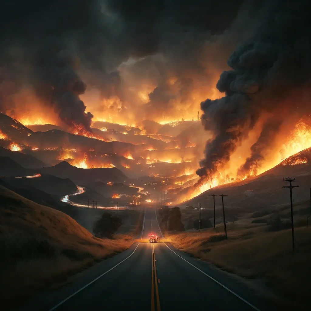 an illustration of a firetruck sitting in the middle of a deserted highway as wildfires rage in the distance