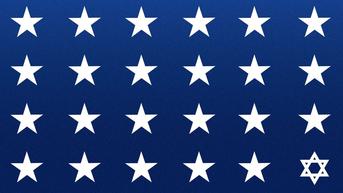 Illustration of a series of white stars on a blue background, with the one in the bottom right being a star of David
