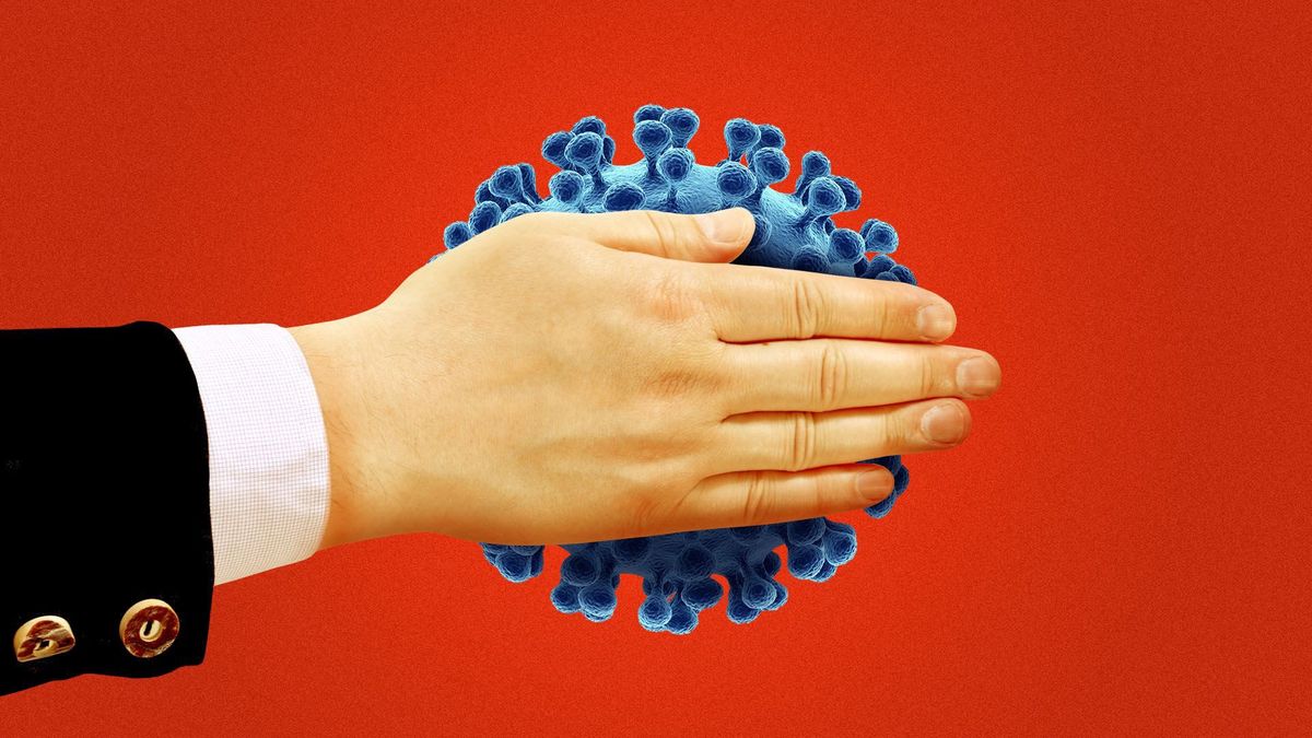 An illustration of a hand covering a virus or germ.