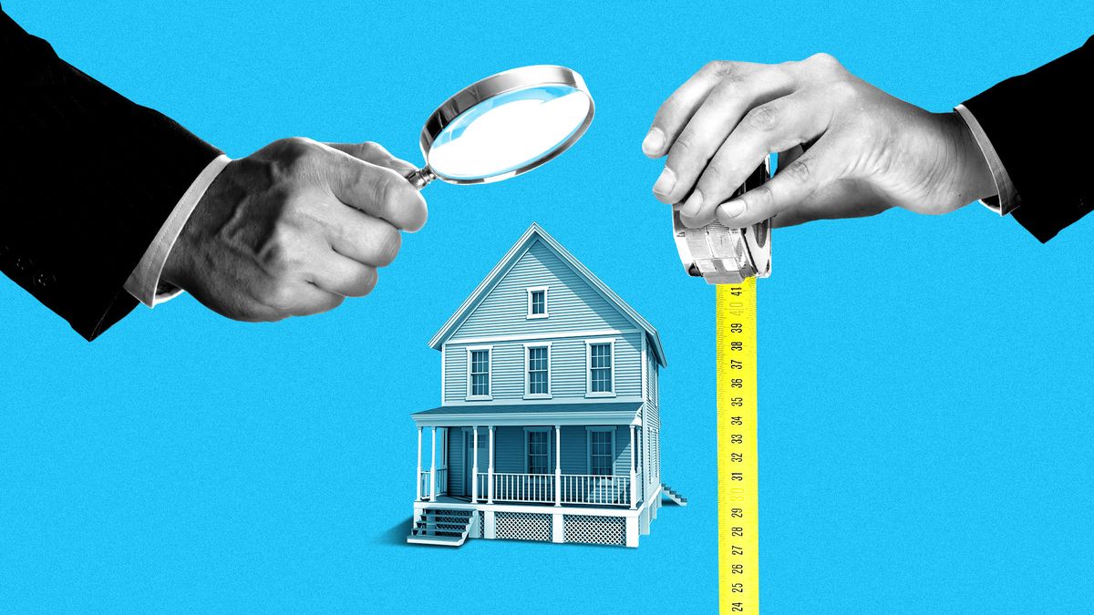 Illustration of a house being inspected by a hand holding a magnifying glass and another hand holding measuring tape