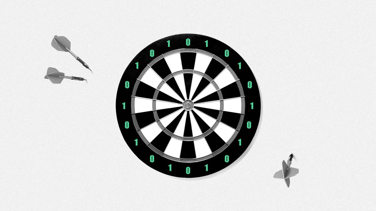Illustration of three darts that have missed a dartboard with 1's and 0's for numbers