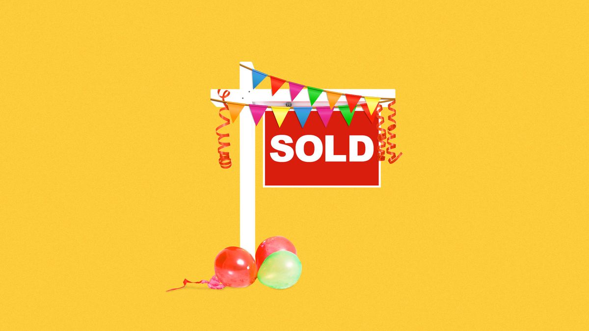 Illustration of a house sold sign with party balloons and streamers hanging from it