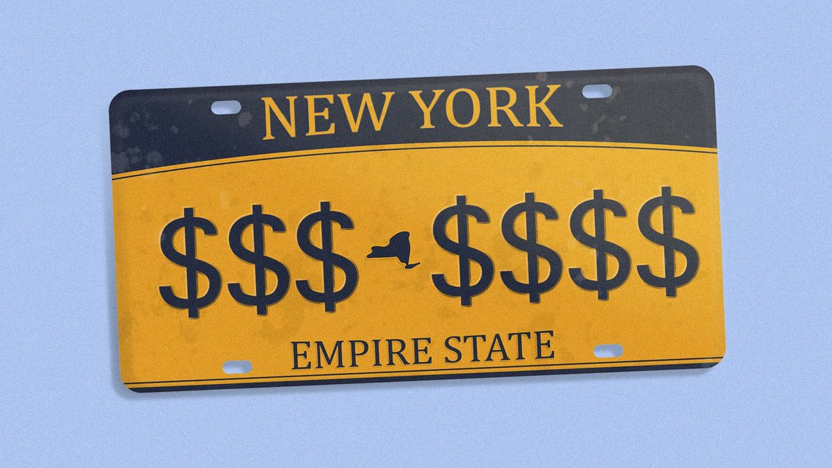 Illustration of a New York state license plate with dollar signs across it