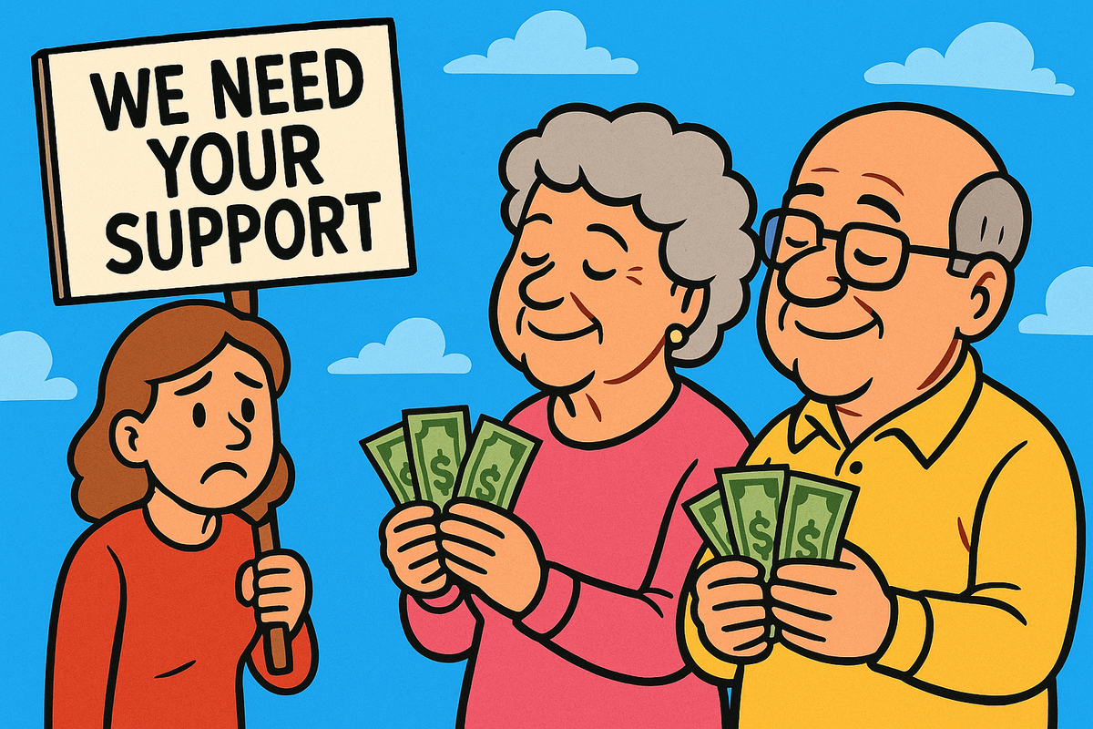 Create an image of a baby boomer couple who is holding money in their hands while a nonprofit professional is standing next to them with a sign that says "we need your support." Make it a vivid cartoo...
