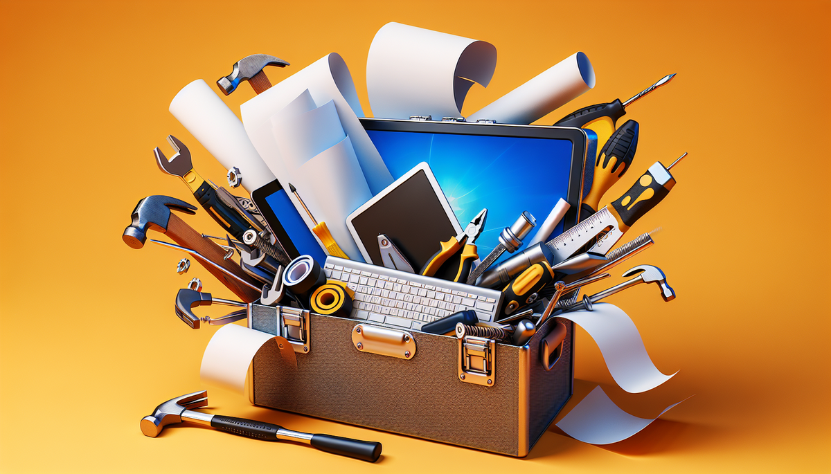 a toolbox with a computer, sheets of paper, and hammer and screwdriver spilling out of it.