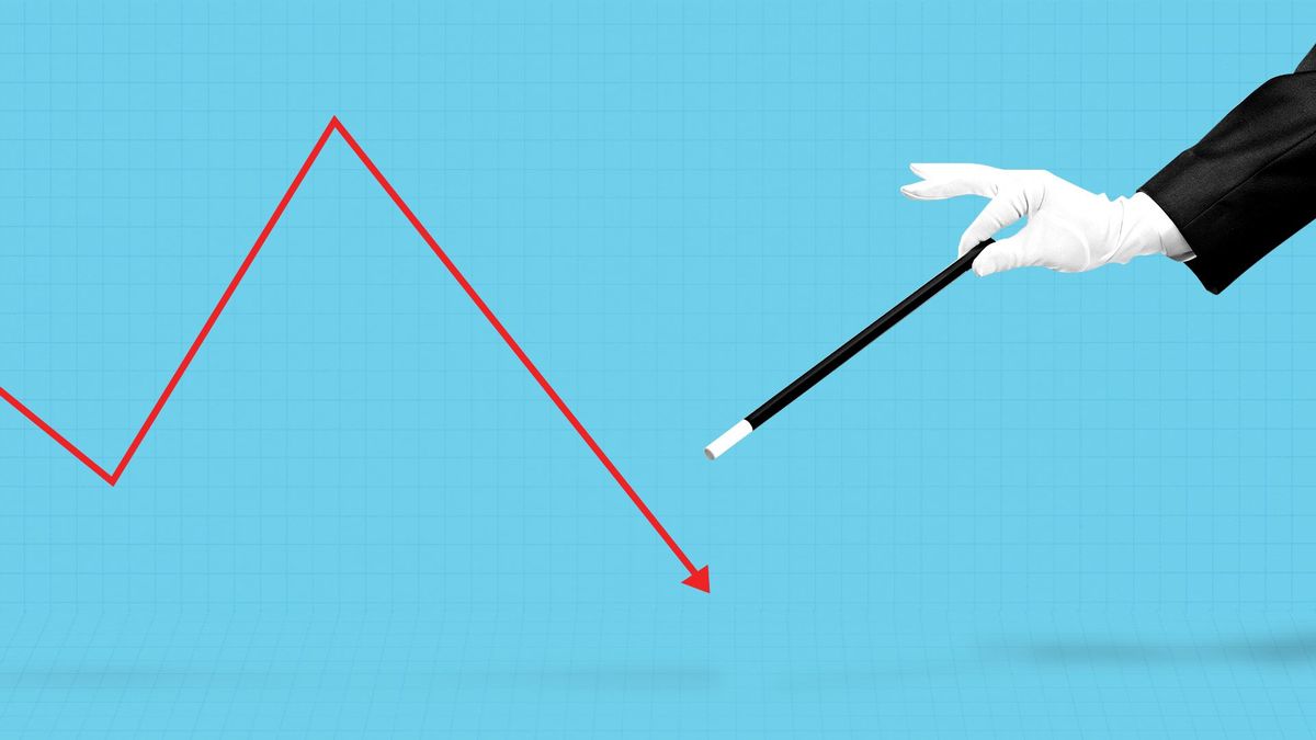 Illustration of a magician's wand next to a downward trending market line.