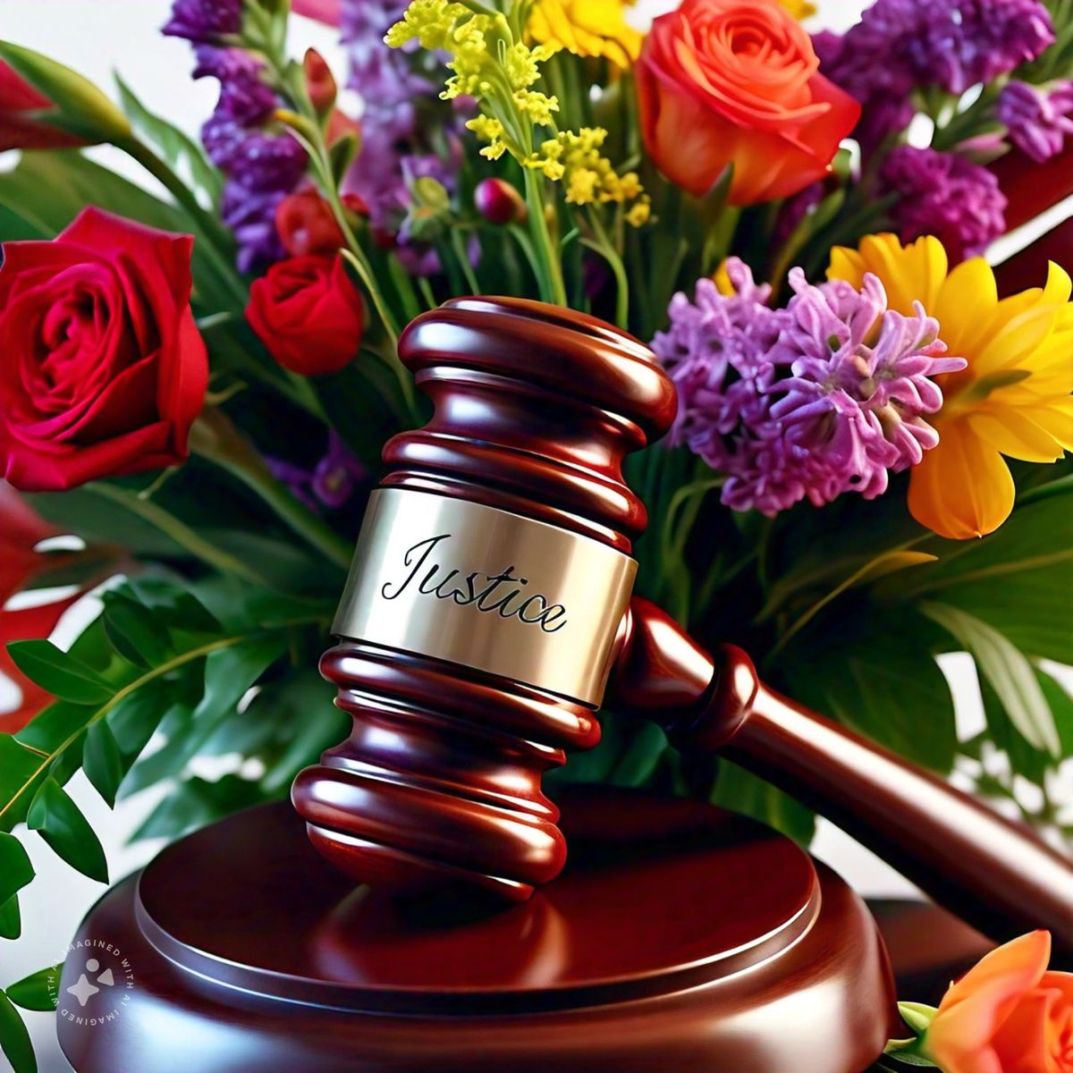 a gavel with the word "justice" engraved on it amid a bouquet of flowers