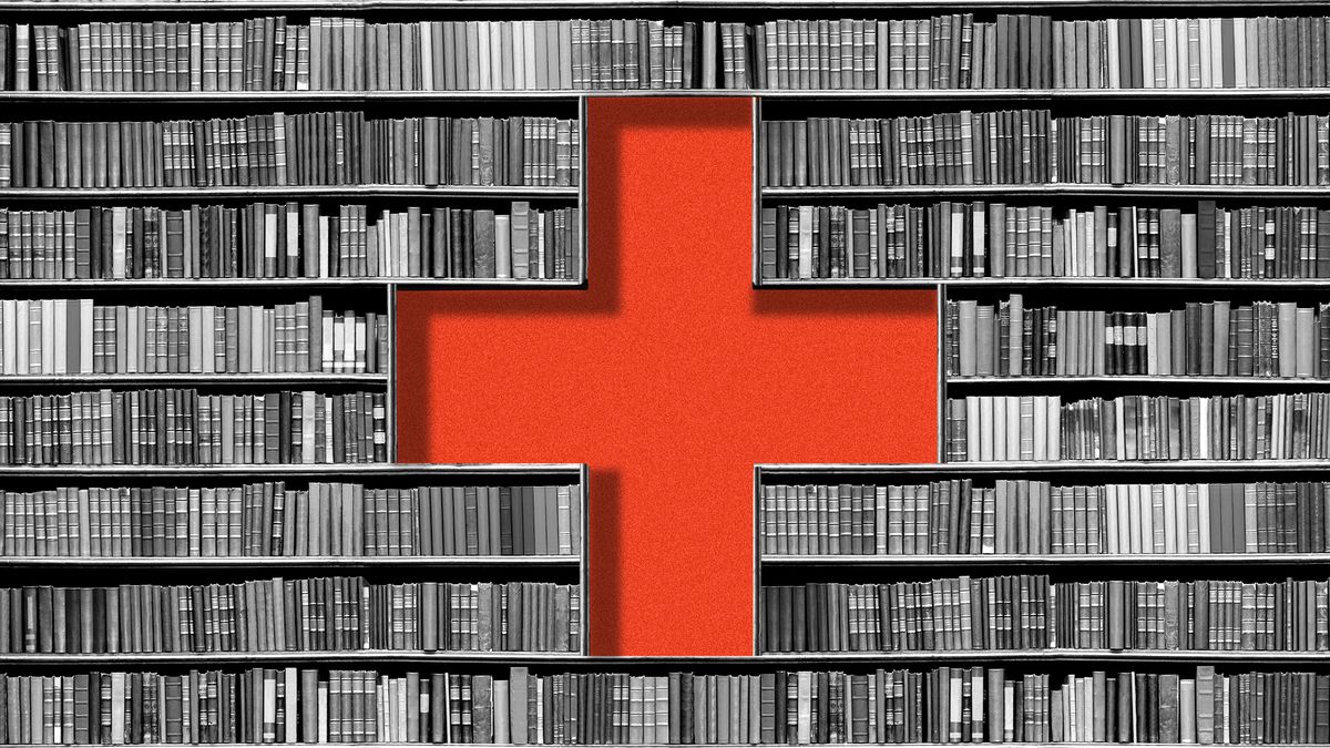 Illustration of black and white bookshelves forming a negative space cross which is colored red, to evoke healthcare