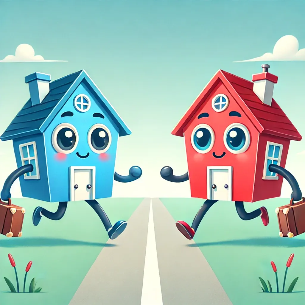 a red house and blue house running across the street with suitcases in hand