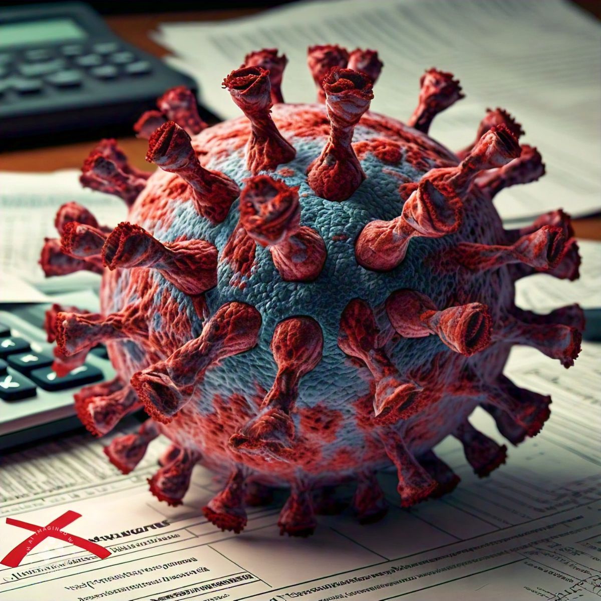 a big covid virus sitting on a tax form with a red "X" on it