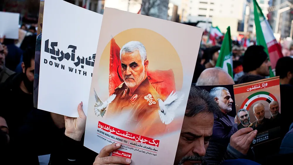 Scene from the Jan. 7, 2020, Tehran funeral of Qassem Soleimani, commander of the Islamic Revolutionary Guard Corps Quds Force. He was assassinated by an American drone attack in Baghdad on Jan. 3, 20...