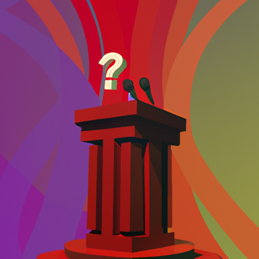 Speaker's podium surrounded by psychedelic question marks