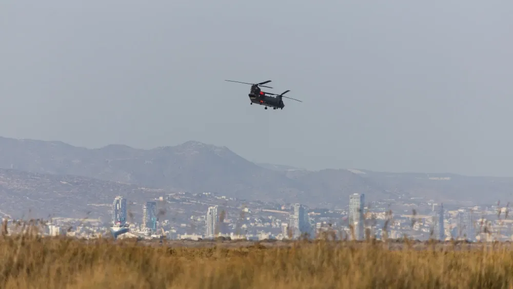 A Royal Air Force Boeing CH-47 Chinook flying over Akrotiri in Cyrpus.  Shutterstock