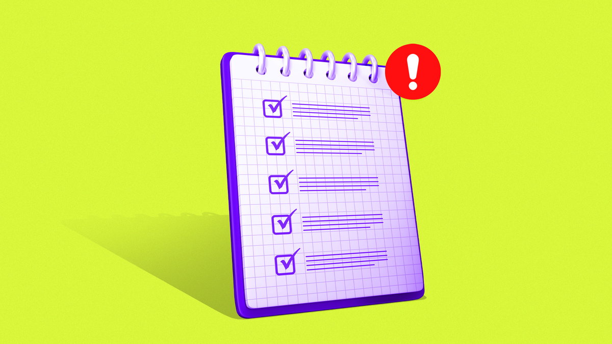 An exclamation point in a circle next to a checklist on a notebook page.