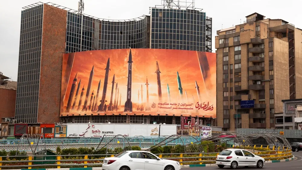 A billboard in Tehran, Iran, in May 2024 shows ballistic missiles fired at Israel.  Shutterstock