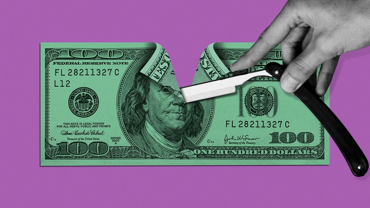 Illustration of a hundred dollar bill being cut in half with a razor.