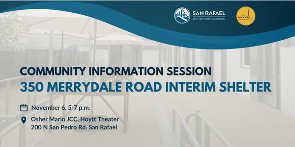 Image of tiny homes with black and blue text providing details about the information session