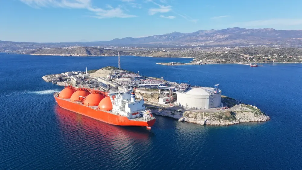 A liquified natural gas tanker is anchored outside Salamina, Greece.  Shutterstock
