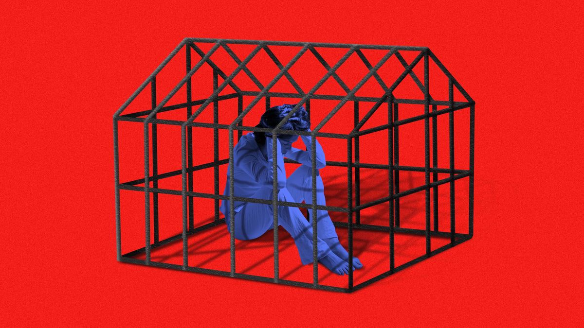 Illustration of a person sitting in a jail cell shaped like a house