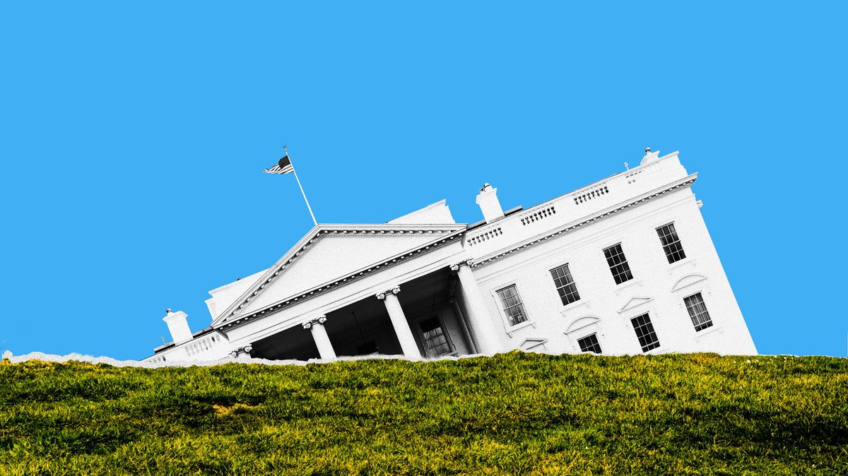 In this illustration, the White House is lopsided as one end sticks out of the ground and the other is buried underneath the earth.