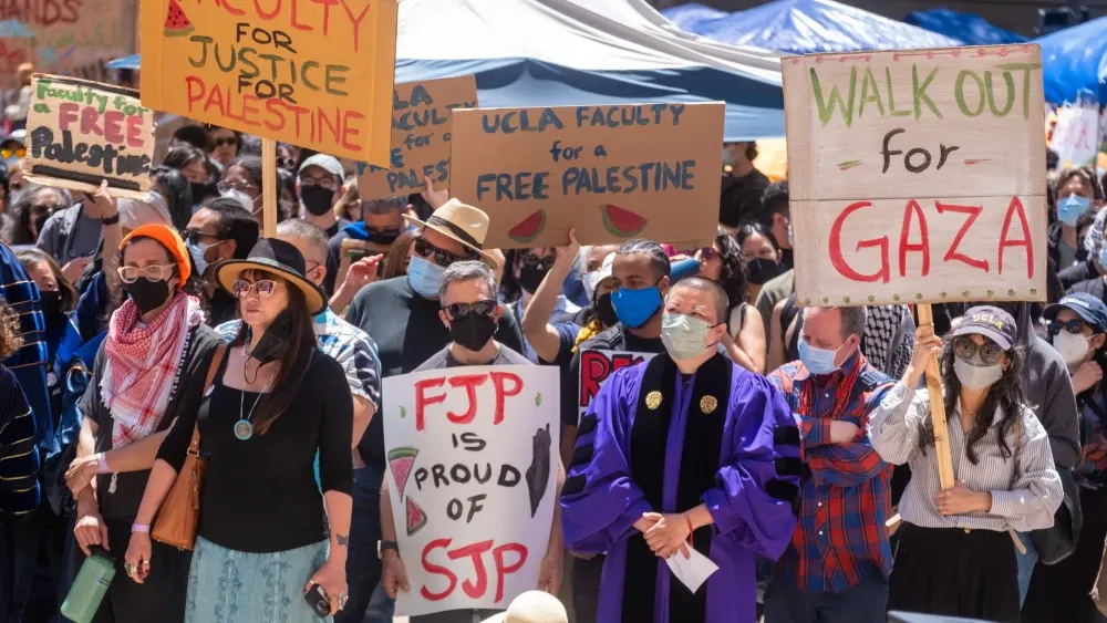 Thousands an anti-Israel protesters gather at an encampment at UCLA on Monday, April 29, 2024.