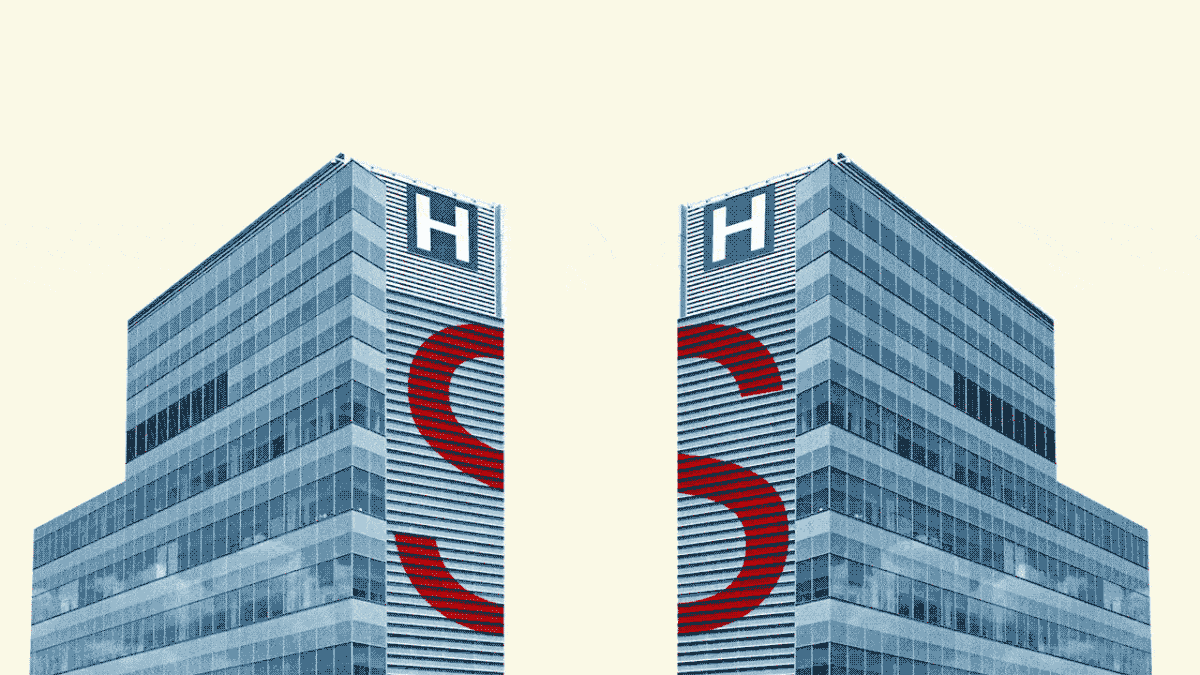 Animated GIF of two hospitals merging, with a dollar sign appearing in between them