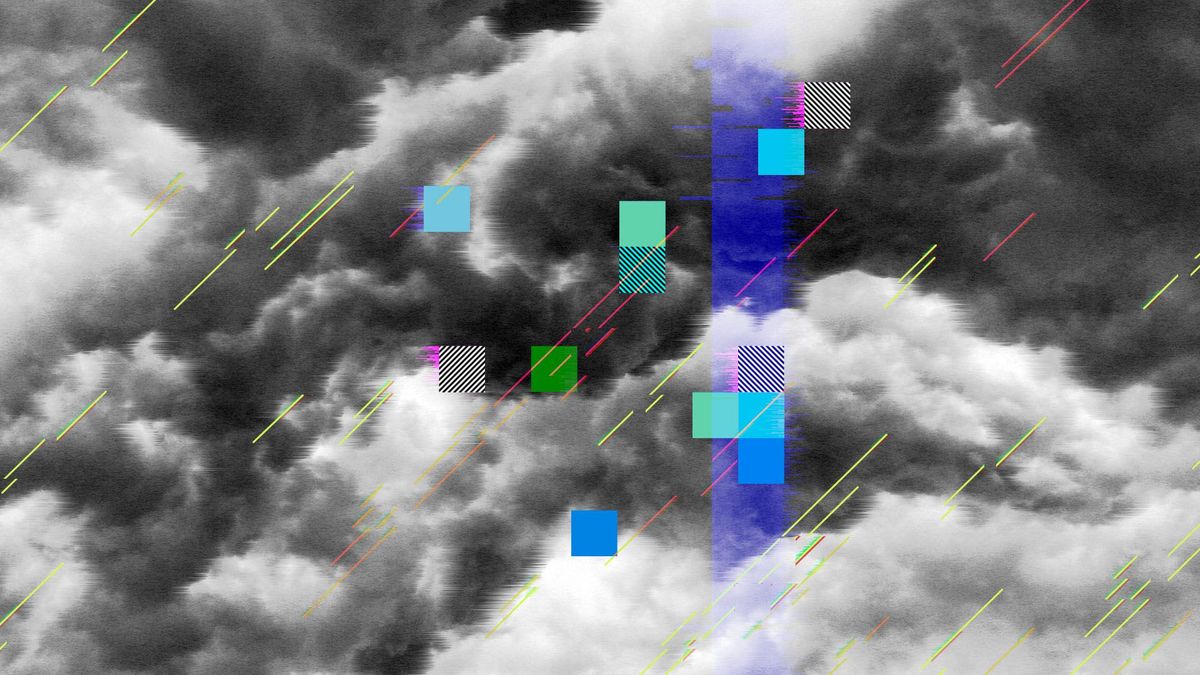 Illustration of storm clouds with blocky digital squares and lines throughout