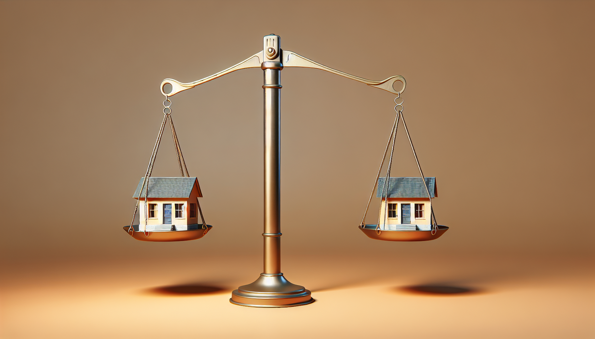 A scale that is evenly weighted with houses on both sides of the scale