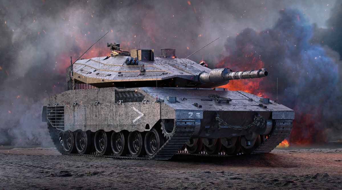 Merkava tank goes into fire.