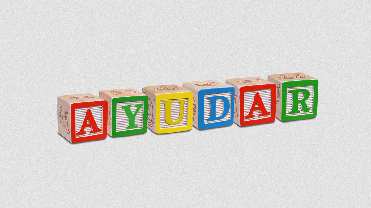 Illustration of children's toy blocks spelling out, "AYUDAR".