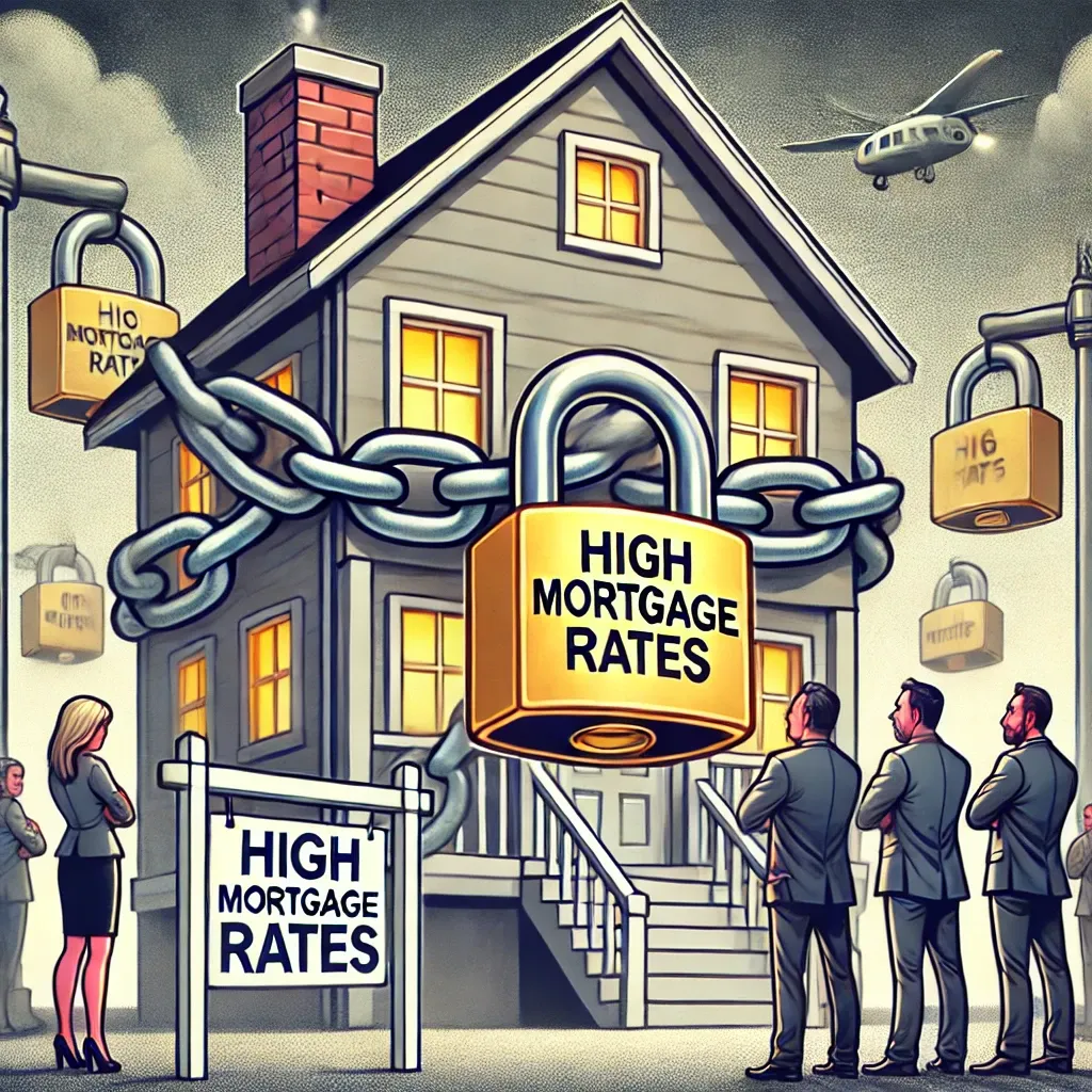 Illustration of people looking at a house that is wrapped in chains with a lock on it that says "high mortgage rates"