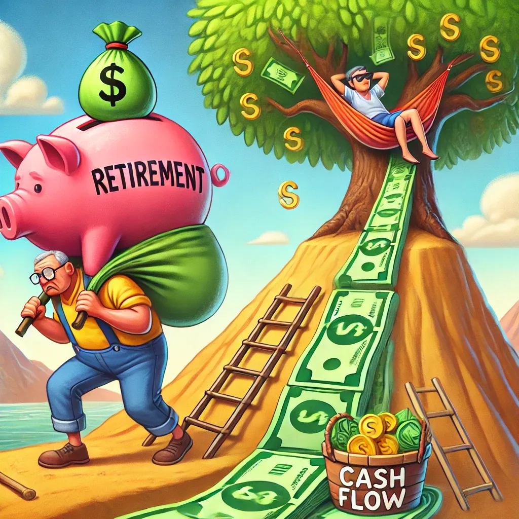 a cartoonish illustration of a man carrying a sack on his back with a giant piggy bank in it and "retirement" written on the side, while another man swings in a hammock in a tree at the top of a hill