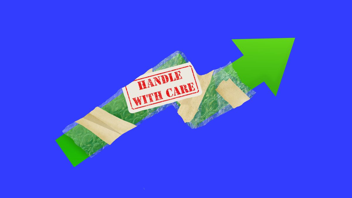 Illustration of an upward arrow wrapped in bubble wrap and labeled "handle with care"