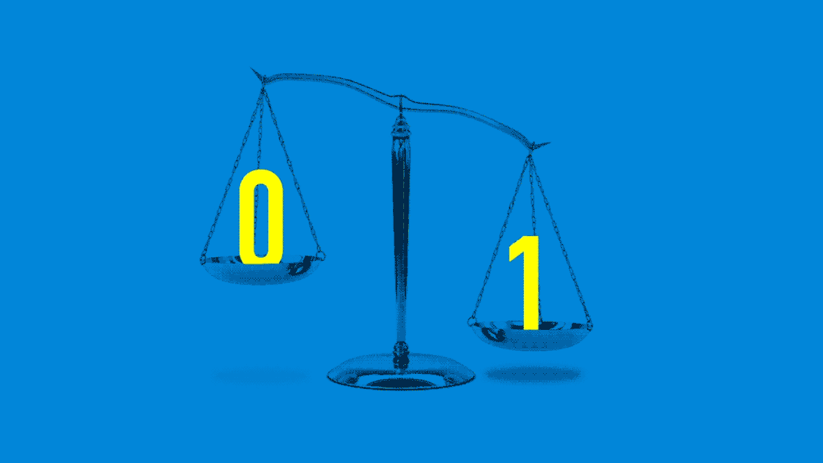 Animated illustration of scale tipping back and forth with 0 and 1 numbers in them