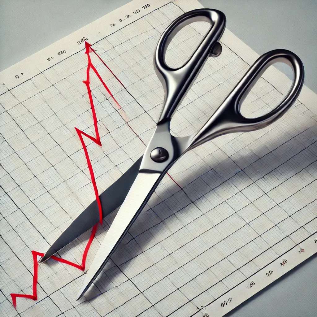 Silver scissors cutting a red graph line