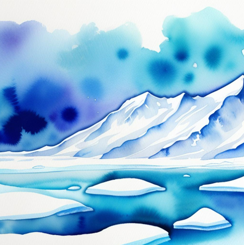 Watercolor artwork for a snowy iceberg created with Generative AI software