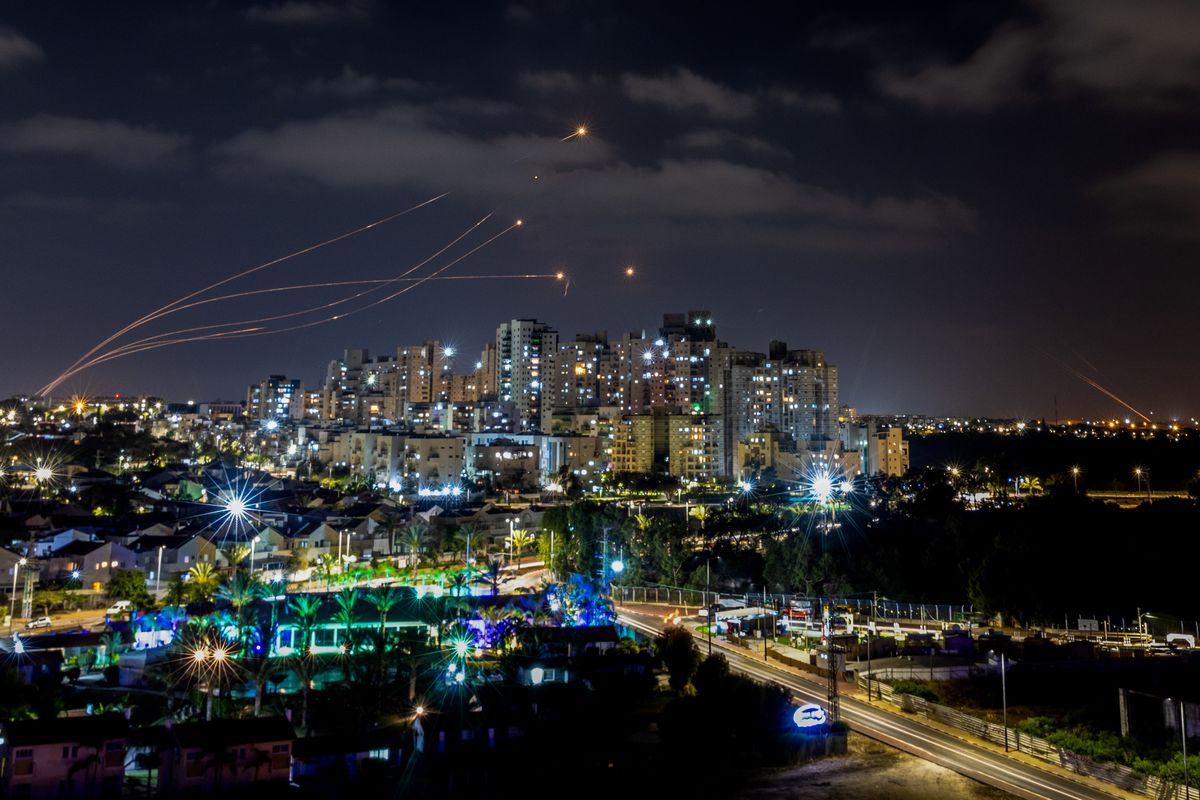 Iron dome anti-missile system fires interception missiles as rockets fired from the Gaza Strip to Israel, as it seen from Ashkelon, on May 13, 2023. Photo by Yossi Aloni/Flash90